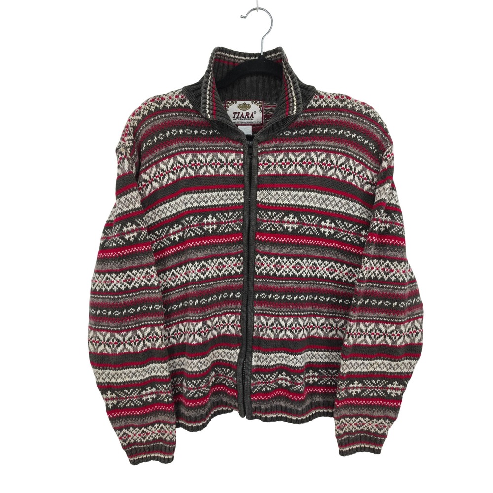 Tiara International Vintage Fair Isle Full Zip Cardigan Sweater Nordic Red XL